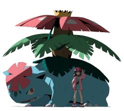 1girl brown_eyes brown_hair closed_mouth coat gen_1_pokemon green_shirt hand_on_headwear hand_up hat highres knees leaf_(pokemon) leaf_(sygna_suit)_(pokemon) long_hair long_sleeves looking_at_viewer mega_pokemon mega_venusaur nintendo official_alternate_color official_alternate_costume open_clothes open_coat pink_coat pokemon pokemon_(creature) pokemon_masters_ex psaber97 purple_hat shirt shoes shorts sidelocks smile standing venusaur white_background white_shoes white_shorts