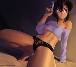 1girl absurdres arm_support bare_shoulders black_panties blue_eyes brown_hair dark-skinned_female dark_skin gun gunsmith_cats hair_between_eyes hand_up handgun highres holding holding_gun holding_weapon lace lace_panties navel panties pudgeruffian rally_vincent short_hair sleeves_past_wrists solo squatting underwear weapon