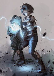 1girl benoit_picard black_gloves blood blood_on_face blue_pants brown_hair electricity fingerless_gloves gloves grey_background highres jill_valentine pants parted_lips railgun resident_evil resident_evil_3:_nemesis resident_evil_3_(remake) shirt short_hair signature simple_background torn_clothes