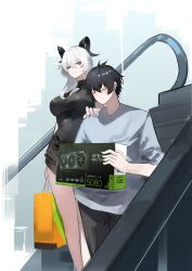 1boy 1girl absurdres alternate_costume black_dress black_horns breasts closed_eyes closed_mouth commentary curled_horns dress english_commentary escalator geforce_rtx_5080 grey_shirt hair_between_eyes hand_on_another&#039;s_shoulder highres horns large_breasts lewdlily66 male_rover_(wuthering_waves) red_eyes rover_(wuthering_waves) shirt smile wuthering_waves zani_(wuthering_waves)