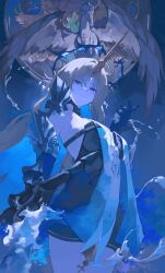 1girl absurdres black_collar black_dress blonde_hair blue_eyes blue_hair breasts closed_mouth collar colored_inner_hair commentary cowboy_shot crown_of_thorns dress earrings fleurdelys_(wuthering_waves) floating_earrings hand_up highres holding holding_sword holding_weapon horns imperator_(wuthering_waves) jewelry large_breasts long_hair multicolored_hair pointy_ears saturn_(saturn_illus) single_horn solo sword tabard tacet_mark_(wuthering_waves) thighs very_long_hair weapon white_tabard wuthering_waves yellow_horns