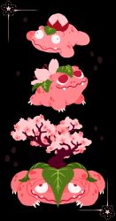 black_background bulbasaur cherry_blossoms chocolatechipkraken claws commentary creatures_(company) english_commentary evolutionary_line fakemon fangs game_freak gen_1_pokemon highres ivysaur nintendo no_humans nostrils pokemon pokemon_(creature) sharp_teeth simple_background small_pupils teeth tree venusaur wavy_mouth