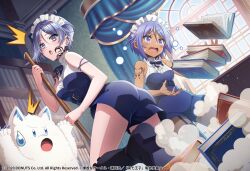 2girls absurdres ass blush book breasts broom cosplay crossover d4dj dark-skinned_female dark_skin dress highres holding holding_broom maid_headdress medium_breasts multiple_girls official_art open_mouth purple_eyes purple_hair ren_(dai_nana_oji) ren_(dai_nana_oji)_(cosplay) shiro_(dai_nana_oji) short_hair shorts sleeveless sleeveless_dress small_breasts sophia_(d4dj) sweatdrop tensei_shitara_dai_nana_oji_datta_no_de:_kimama_ni_majutsu_o_kiwamemasu third-party_source