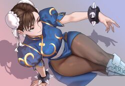1girl absurdres boots bracelet breasts brown_eyes brown_hair bun_cover capcom china_dress chinese_clothes chun-li crossed_legs double_bun dress earrings hair_bun highres jewelry looking_at_another medium_breasts pantyhose pelvic_curtain shadow shani_taiwo short_hair sitting spiked_bracelet spikes street_fighter street_fighter_ii_(series) thick_thighs thighs white_boots