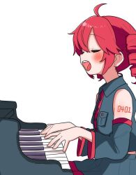 Rule 34 | 1girl, ahoge, blush, closed eyes, detached sleeves, drill hair, from side, grey shirt, grey skirt, grey sleeves, haru maron, highres, instrument, kasane teto, kasane teto (utau), long sleeves, music, open mouth, piano, playing instrument, playing piano, red hair, shirt, simple background, singing, sitting, skirt, sleeveless, sleeveless shirt, solo, twin drills, upper body, utau, white background