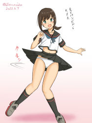 1girl black_eyes black_hair black_sailor_collar black_skirt black_socks blouse dated fubuki_(kancolle) fubuki_kai_ni_(kancolle) geru kantai_collection kneehighs looking_at_viewer low_ponytail navel one-hour_drawing_challenge open_mouth panties pantyshot pleated_skirt ponytail sailor_collar school_uniform serafuku shirt short_hair short_ponytail sidelocks skirt smile socks solo spinning twitter_username underwear white_panties white_shirt