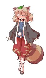 1girl :o alphes_(style) animal_ears black_kimono black_sandals blonde_hair blue_shirt blush closed_eyes commentary_request dairi facing_viewer full_body japanese_clothes kimono large_variant_set leaf leaf_on_head long_sleeves medium_hair okobo open_clothes open_kimono open_mouth parody platform_sandals raccoon_ears raccoon_girl raccoon_tail red_shorts sandals shirt shorts socks solo standing style_parody tabi tachi-e tail tanuki_mob_(touhou) thick_eyebrows touhou transparent_background variant_set white_socks wide_sleeves