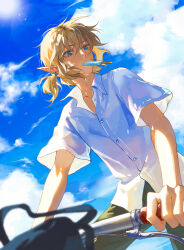 1boy absurdres alternate_costume bicycle black_pants blonde_hair blue_eyes blue_sky blurry blurry_foreground cloud earrings food food_in_mouth highres jewelry link long_hair looking_to_the_side low_ponytail male_focus nintendo pants pointy_ears ponytail popsicle popsicle_in_mouth riding riding_bicycle shirt short_sleeves sky solo the_legend_of_zelda ti_tun white_shirt