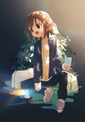 1girl absurdres ap04astral black_background black_jacket black_pants brown_eyes brown_hair bush character_name fang food grass highres jacket kusakabe_misao lucky_star orange_shirt pants popsicle rainbow shirt shoes short_hair skin_fang spiked_hair summer sunlight teruterubouzu white_bag white_shoes