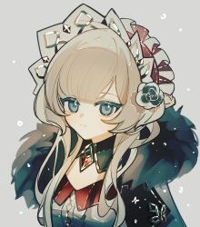 1girl black_fur blonde_hair blue_eyes blunt_bangs center_opening chibi chibi_only chinese_commentary closed_mouth coat detached_collar dress fatui_coat fur-trimmed_coat fur_trim genshin_impact grey_background grey_coat headdress looking_at_viewer looking_to_the_side sandrone_(genshin_impact) short_hair shuiyuan simple_background snowing solo standing upper_body wavy_hair