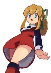 1girl blonde_hair blue_eyes cowboy_shot dress high_ponytail highres long_hair mega_man_(classic) mega_man_(series) ponytail red_dress roll_(mega_man) simple_background solo tikuwabu_33 white_background