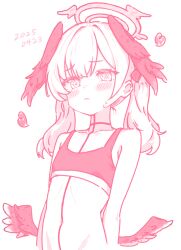 1girl blue_archive blush body_markings bra chobiii7 flat_chest frown halo head_wings highres koharu_(blue_archive) lineart loli low_twintails low_wings monochrome multiple_wings navel pink_theme rns simple_background sketch solo sports_bra stomach sweatdrop twintails underwear upper_body white_background winged_halo wings