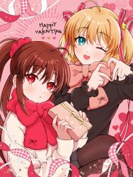 2girls ;d ahoge alternate_costume aqua_eyes black_pantyhose blonde_hair blush bow box brown_hair closed_mouth commentary four-finger_heart_hands frown gift gift_box hair_between_eyes hair_ornament hair_ribbon hands_up happy happy_valentine heart heart_hands highres holding holding_gift kamikita_komari little_busters! long_hair looking_at_viewer multiple_girls natsume_rin one_eye_closed open_mouth pantyhose pink_background pink_bow pink_scarf piyo_(kinkooo333) ponytail red_bow red_eyes red_ribbon red_scarf ribbon scarf sidelocks simple_background sitting sleeves_past_wrists smile star_(symbol) star_hair_ornament twitter_username two_side_up upper_body valentine winter_clothes