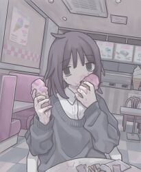 1girl absurdres ashtray black_hair booth_seating ceiling chair checkered_floor cigarette collared_shirt eating food food_on_face gudon_udon highres holding holding_ice_cream_cone ice_cream ice_cream_cone indoors long_sleeves medium_hair melting messy mole mole_under_eye open_mouth original shirt solo sweater table