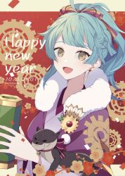 1girl :d antenna_hair blue_hair blunt_bangs crml_orng dated earrings fire_emblem fire_emblem_heroes hair_ribbon happy_new_year highres japanese_clothes jewelry kimono long_sleeves looking_at_viewer new_year nintendo official_alternate_costume open_mouth otter ponytail purple_kimono reginn_(fire_emblem) reginn_(new_year)_(fire_emblem) ribbon smile twitter_username upper_body yellow_eyes
