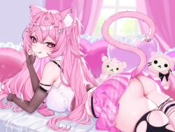 1girl :q animal_ear_fluff animal_ears arrow_through_heart ass bandaid bandaid_hair_ornament black_thighhighs bow breasts cat_ears cat_girl cat_tail curtains drowsenss earrings elbow_gloves elena_louise fingerless_gloves fishnet_gloves fishnets gloves hair_bow hair_ornament heart heart-shaped_pillow heart_hair_ornament indie_virtual_youtuber jewelry long_hair pillow pink_bow pink_eyes pink_hair pink_skirt plaid_clothes plaid_skirt shirt single_thighhigh skirt star_(symbol) star_hair_ornament stuffed_toy tail tail_bow tail_ornament thigh_strap thighhighs tongue tongue_out torn_clothes torn_thighhighs virtual_youtuber white_shirt