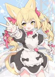 1girl animal_ears apron black_bow black_dress blonde_hair bow cowboy_shot dress fox_ears fox_girl fox_tail frilled_apron frills hair_bow highres kamiyoshi_rika light_blush long_hair looking_at_viewer open_mouth original outstretched_arm red_bow smile solo tail twintails v white_bow yellow_eyes
