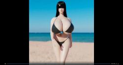 1girl 3d animated bare_arms bare_legs bare_shoulders beach bikini black_bikini black_blindfold black_hair blindfold blue_sky blurry blurry_background bouncing_breasts breasts cleavage colorized full_body gigantic_breasts huge_breasts isha_(momoyama) jiggle long_hair momoyama ocean sky smile standing straight_hair swimsuit tagme thick_lips thighs video walking