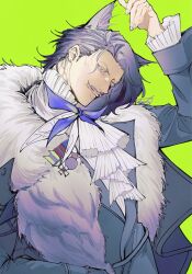 1boy animal_ears arknights arm_up ascot black_coat blue_bow blue_bowtie bow bowtie cat_boy cat_ears coat facial_hair fur_trim grey_hair harold_(arknights) long_sleeves looking_at_viewer male_focus medal mustache old old_man shirt short_hair smile solo souki1203 upper_body white_ascot white_shirt wrinkled_skin yellow_eyes