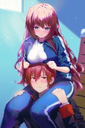 1boy 1girl a-chan_(little_busters!) awkward black_jacket blue_eyes blue_jacket blue_pants blush breast_rest breasts breasts_on_head brown_hair carrying clenched_hands closed_mouth commentary commentary_request company_connection embarrassed eyelashes feet_out_of_frame frown furrowed_brow gym_uniform hair_between_eyes hetero highres indoors jacket key_(company) large_breasts lips little_busters! little_busters!_school_uniform long_hair long_sleeves looking_at_another looking_at_viewer looking_down miiizuno_lbs natsume_kyousuke open_clothes open_jacket pants school_uniform shirt short_hair shoulder_carry sidelighting sidelocks sleeves_rolled_up split_mouth straight_hair sweat sweatdrop track_jacket upper_body very_long_hair wavy_hair wavy_mouth white_shirt window