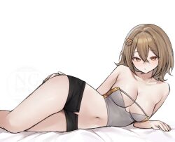 1girl absurdres anis_(nikke) black_shorts breasts brown_eyes brown_hair commentary crop_top goddess_of_victory:_nikke hair_intakes highres large_breasts looking_at_viewer lying miclipse micro_shorts midriff navel on_side short_hair shorts simple_background solo white_background