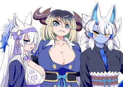 Rule 34 | 3girls, animal ears, belt, black fur, black hair, black shirt, blonde hair, blue eyes, blue gloves, blue hair, blue jacket, blue oni, blue skin, blush, bow, bowtie, breasts, cleavage, colored skin, cow ears, cow girl, cow horns, cow tail, elbow gloves, extra ears, fox ears, fox girl, frown, fur-trimmed belt, ginkaku (kemono friends), gloves, gold choker, gyokuryu (kemono friends), gyumaou (kemono friends), hair between eyes, hair bow, hair ornament, hair over one eye, hair tubes, hairband, hairpin, headgear, hex tails, highres, horns, horse ears, horse girl, huge breasts, jacket, japanese clothes, japari symbol, kemono friends, kemono friends 3, kimono, large breasts, long hair, long sleeves, looking at viewer, mamiyama, multicolored hair, multicolored horns, multiple girls, necktie, oni, purple belt, purple bow, purple bowtie, purple hairband, purple kimono, purple sleeves, shirt, short hair, sidelocks, single horn, tail, two-tone horns, white fur, white hair, white shirt, yellow eyes