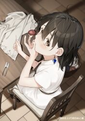 1girl basket blue_gemstone brown_eyes brown_hair brown_ribbon brown_shoes chair collar dress earrings finger_sucking fingernails from_above gem holding_sewing_needle ikuwataru_nagomi indoors jewelry looking_at_viewer metal_collar needle original pincushion ribbon scissors sewing_needle shoes sitting solo string table tearing_up tile_floor tiles translation_request unworn_clothes white_dress