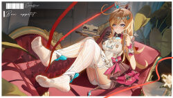 1girl absurdres apron blonde_hair blue_eyes breasts cake character_name chef_hat commentary_request couch cowlick escoffier_(genshin_impact) feet_up food fork french_text full_body garter_straps genshin_impact hair_ornament hand_up hat heart heart_in_eye highres holding holding_food holding_plate indoors knees_up long_hair looking_at_viewer medium_breasts no_shoes on_couch parted_lips plant plate potted_plant sitting smile solo suggestive_fluid symbol_in_eye thighhighs toes white_apron white_hat white_thighhighs wrist_cuffs xiaojuan_(user_ezvt7287)