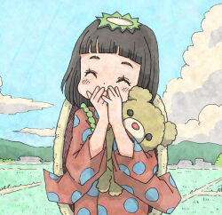 Rule 34 | 1girl, ^ ^, black hair, blue sky, blush stickers, closed eyes, cloud, commentary request, day, facing viewer, hands up, japanese clothes, kappa, kimono, long sleeves, original, outdoors, polka dot, polka dot kimono, red kimono, sky, solo, stuffed animal, stuffed toy, teddy bear, wide sleeves, yukimoto shuuji (gurigura)