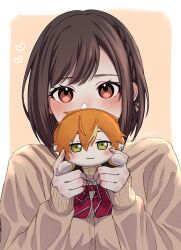 1girl absurdres backlighting blush bob_cut border bow bowtie braid brown_bow brown_cardigan brown_eyes brown_hair buttons cardigan character_doll commentary_request covered_mouth diagonal-striped_bow diagonal-striped_bowtie diagonal-striped_clothes doll film_grain fingernails hair_bow hands_up heart highres holding holding_doll kamiyama_high_school_uniform_(project_sekai) long_sleeves looking_at_viewer nhrg806 orange_background outside_border project_sekai puffy_long_sleeves puffy_sleeves red_bow red_bowtie school_uniform shinonome_akito shinonome_ena short_hair simple_background single_braid sleeves_past_wrists solo straight-on striped_clothes swept_bangs upper_body white_border