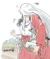 1boy 1girl animal_ears basket black_hair couple covered_face cowboy_shot daikon dog_ears hakama hand_up heart hetero higurashi_kagome holding holding_basket inuyasha inuyasha_(character) japanese_clothes kiss long_hair long_sleeves miko motobi_(mtb_umk) radish red_hakama red_theme ribbon-trimmed_sleeves ribbon_trim sheath sheathed standing surprise_kiss surprised sword twitter_username very_long_hair weapon white_hair wide_sleeves