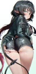 1girl animal_ears ass black_hair black_jacket black_shorts blue_eyes blurry blurry_foreground blush breasts demon_tail depth_of_field from_behind ggokoo green_eyes highres jacket jane_doe_(zenless_zone_zero) large_breasts long_hair long_tail looking_at_viewer looking_back mouse_ears mouse_girl mouse_tail nail_polish red_nails sharp_tail short_shorts shorts solo tail thighs zenless_zone_zero