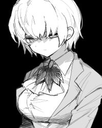 Rule 34 | 1girl, angela (project moon), ascot, breasts, closed mouth, collared shirt, greyscale, jacket, jihecchi, large breasts, library of ruina, long sleeves, monochrome, project moon, shirt, short hair, simple background, solo, upper body