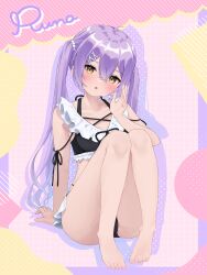 Rule 34 | 1girl, :o, absurdres, bare arms, bare legs, bare shoulders, barefoot, bikini, black bikini, blush, breasts, choker, collarbone, criss-cross halter, crop top, frills, hair between eyes, hair ornament, hairclip, halterneck, hand up, harukasu (mememememo), highres, knees up, long hair, looking at viewer, purple hair, shinomiya runa, sitting, small breasts, solo, striped background, swimsuit, twintails, very long hair, virtual youtuber, vspo!, yellow eyes