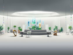 armchair artist_request ceiling_light chair couch game_cg holographic_monitor indoors magia_record:_mahou_shoujo_madoka_magica_gaiden mahou_shoujo_madoka_magica no_humans official_art plant potted_plant scenery shadow table waiting_room