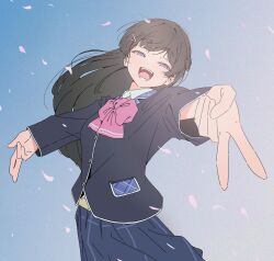 1girl black_hair black_jacket blue_background blue_skirt bow bowtie cherry_blossoms collared_shirt cowboy_shot double_gyaru_v double_v falling_petals floating_hair foreshortening gujin_(tp_acid) gyaru_v hair_ornament hairclip half-closed_eyes highres jacket lapels long_hair long_sleeves looking_at_viewer nijisanji open_mouth outstretched_arms petals pink_bow pink_bowtie purple_eyes shirt skirt smile solo spread_arms standing tsukino_mito tsukino_mito_(1st_costume) v virtual_youtuber