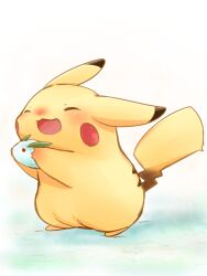 Rule 34 | absurdres, asyuaffw, blush, closed eyes, full body, gen 1 pokemon, highres, holding, nintendo, no humans, nose blush, open mouth, pikachu, pokemon, pokemon (creature), pokemon focus, smile, snow, snow rabbit, solo, standing, white background