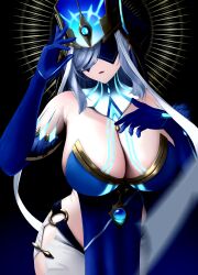 Rule 34 | 1girl, absurdres, black background, blue dress, blue gemstone, blue gloves, blue hat, body markings, breasts, cleavage, commentary, cosplay, covered eyes, cowboy shot, curvy, detached collar, dress, elbow gloves, eye mask, feather-trimmed gloves, gem, genshin impact, gloves, glowing headgear, gold trim, grey hair, hair over one eye, halo, hand on own chest, hat, highres, huge breasts, long hair, looking at viewer, mirror maiden (genshin impact), mirror maiden (genshin impact) (cosplay), o-ring, parted lips, pelvic curtain, shenhe (genshin impact), sidelocks, simple background, skirt, solo, standing, swept bangs, white skirt, yumeto (ym-1)