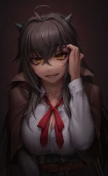 1girl absurdres ahoge belt black_hair black_horns breasts brown_background brown_belt brown_coat chain chain_necklace cleavage coat collarbone collared_shirt commentary commission commissioner_upload crossed_bangs dark-skinned_female dark_skin demon_girl demon_horns english_commentary eyeliner eyeshadow hair_between_eyes hand_in_own_hair hand_up highres horns jewelry large_breasts long_hair makeup neck_ribbon necklace numanoan open_clothes open_coat orange_eyes original parted_lips red_ribbon ribbon shirt slit_pupils smile solo upper_body white_shirt