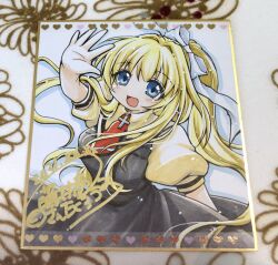 1girl :d air_(visual_novel) arm_up black_dress blonde_hair blush bow breasts commentary_request cowboy_shot cross dress fujii_ryou hair_bow high_ponytail kamio_misuzu large_breasts long_hair looking_at_viewer necktie open_mouth pinafore_dress ponytail puffy_short_sleeves puffy_sleeves red_necktie shikishi shirt short_sleeves sidelocks simple_background sleeveless sleeveless_dress smile solo white_background white_bow yellow_shirt
