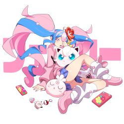 absurdres blue_skirt cardigan cellphone clefairy_sprite_(pokemon) creatures_(company) earrings fairy_miku_(project_voltage) flower fossil_sprite_(pokemon) game_freak gen_1_pokemon gen_2_pokemon hair_flower hair_ornament hatsune_miku highres igglybuff jewelry jigglypuff leg_warmers long_hair marker multicolored_hair nintendo one_eye_covered open_mouth phone pink_cardigan pink_shoes pokedex pokemon pokemon_(creature) pout project_voltage shoes skirt sleeping tlotro twintails two-tone_hair very_long_hair vocaloid