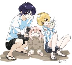 Rule 34 | 1boy, 2girls, alternate costume, alternate hairstyle, arm on thigh, barefoot, black sandals, black shorts, black sleeves, blonde hair, bloomers, blue flower, braid, casual, closed eyes, closed mouth, collarbone, contemporary, crown braid, cup, detached sleeves, diamond hair ornament, disposable cup, drinking straw, drooling, ear piercing, earrings, eyelashes, eyeliner, eyeshadow, flower, footwear flower, genshin impact, gladiator sandals, grey pupils, hair between eyes, hair flower, hair ornament, hairclip, head tilt, highres, holding, holding cup, jewelry, looking at viewer, lumine (genshin impact), makeup, miemiebei, mouth drool, multicolored flower, multiple girls, open mouth, paimon (genshin impact), piercing, pink hair, purple eyes, purple hair, red eyeliner, red eyeshadow, sand sculpture, sandals, scaramouche (genshin impact), shirt, short hair, short hair with long locks, short sleeves, shorts, sidelocks, sleeping, smile, squatting, tareme, tsurime, twitter username, unconscious, underwear, v, white background, white bloomers, white flower, white shirt, white sleeves