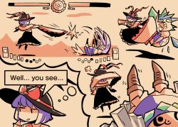 Rule 34 | 4girls, black headwear, black skirt, blue dress, blue hair, blue skirt, boots, bow, brown boots, capelet, cirno, commentary, cross-laced clothes, detached wings, dress, english commentary, frilled capelet, frilled shawl, frilled skirt, frills, green bow, hair bow, hat, hat bow, health bar, hinanawi tenshi, hitting, ice, ice wings, long hair, multiple girls, nagae iku, o o, oysterfried, pleated skirt, purple hair, red bow, reisen udongein inaba, shawl, shirt, short hair, skirt, speech bubble, thought bubble, touhou, touhou hisoutensoku, white shirt, wings