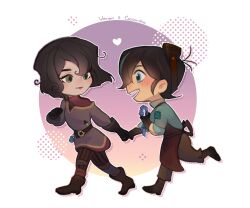 1boy 1girl apron belt black_hair blue_eyes blush boots brown_shirt cassandra_(tangled) chibi dagger eyewear_on_head freckles full_body gloves green_eyes green_shirt hair_between_eyes heart holding_hands knife long_sleeves off-shoulder_shirt off_shoulder pants red_shirt shirt shirt_under_shirt short_hair striped_clothes striped_pants tangled rapunzel&#039;s_tangled_adventure varian_(tangled) vertical-striped_clothes vertical-striped_pants walking weapon yukima