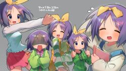 1girl blue_overalls blush book breasts closed_eyes closed_mouth flying_sweatdrops grey_background hairband hiiragi_tsukasa holding holding_book long_sleeves lucky_star medium_breasts no_eyes open_mouth overalls pleated_skirt purple_eyes purple_hair red_skirt short_hair simple_background skirt smile sofa_(enogunomu) solo translation_request twitter_username yellow_hairband