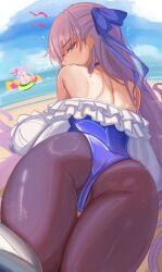 Rule 34 | 0nineo9, 2girls, absurdres, ass, bare shoulders, beach, blue eyes, blue one-piece swimsuit, blue ribbon, blue sky, blush, breasts, brown pantyhose, cameltoe, cleavage, fate/grand order, fate (series), highleg, highleg one-piece swimsuit, highres, long hair, looking at viewer, looking back, meltryllis, meltryllis (fate), meltryllis (swimsuit lancer) (fate), meltryllis (swimsuit lancer) (second ascension) (fate), multiple girls, ocean, one-piece swimsuit, pantyhose, passionlip (celeb summer experience swimsuit) (fate), passionlip (fate), prosthesis, prosthetic leg, purple hair, ribbon, shore, sky, swimsuit, variant set, very long hair