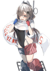 Rule 34 | 1girl, absurdres, american flag, american flag print, asymmetrical gloves, black one-piece swimsuit, blue gloves, blush, breasts, brown eyes, brown hair, clothes writing, commentary, covered navel, denim, denim skirt, dyson (edaokunnsaikouya), flag print, gloves, hair between eyes, hair ornament, hair over one eye, headgear, highres, kantai collection, leg warmers, long hair, medium breasts, mismatched gloves, one-piece swimsuit, open mouth, profanity, red gloves, scarf, simple background, skirt, solo, swimsuit, wahoo (kancolle), white background, white scarf