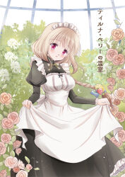 1girl black_dress blonde_hair blush bow braid breasts comiket_104 curtsey dress flower food-themed_hair_ornament fruit_hair_ornament greenhouse hair_ornament indoors long_hair long_sleeves looking_at_viewer maid maid_headdress medium_breasts original puffy_long_sleeves puffy_sleeves red_eyes standing white_bow