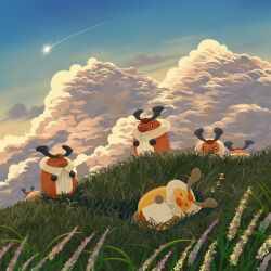 Rule 34 | alternate color, bug, closed eyes, closed mouth, cloud, field, flower, gen 4 pokemon, grass, highres, kricketot, nintendo, no humans, outdoors, pokemon, pokemon (creature), pokemon focus, rumiko (vertlapin96), shiny pokemon, sky, sleeping