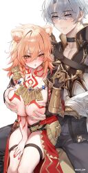 1boy 1girl :o absurdres animal_ears black_choker black_gloves black_pants blue_eyes blush body_markings braid breasts bright_pupils choker closed_mouth coat collarbone commentary_request couple embarrassed fingerless_gloves gauntlets genderswap genderswap_(mtf) gloves grabbing_another&#039;s_breast grey_hair groping hair_between_eyes hand_up harin_05 hetero highres honkai:_star_rail honkai_(series) huge_breasts kemonomimi_mode light_smile lion_ears looking_at_another medium_hair mydei_(honkai:_star_rail) nail_polish navel neck_tattoo open_mouth orange_hair pants phainon_(honkai:_star_rail) red_nails red_robe robe short_hair simple_background sitting sitting_on_lap sitting_on_person stomach tattoo thigh_strap toned toned_male twitter_username v-shaped_eyebrows white_background white_coat white_pupils yellow_eyes